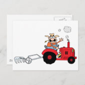 漫画の赤いトラクターを運転する農夫 ポストカード (正面/裏面)