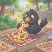 漫画の赤ちゃんクロウ+レイヴン+クロサイチョウピザを食べる シール (正面)