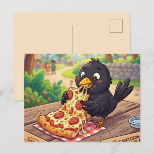 漫画の赤ちゃんクロサイチョウカラスがピザを食べている シーズンポストカード
