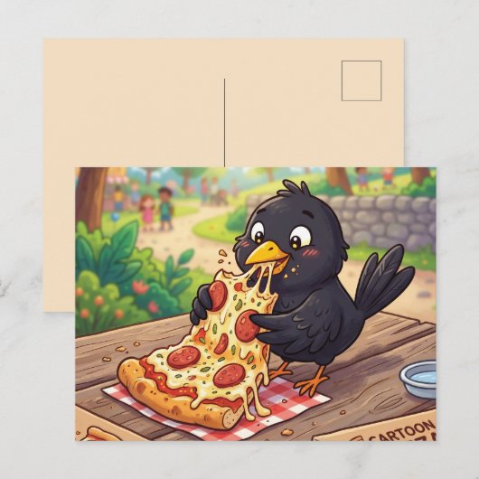 漫画の赤ちゃんクロサイチョウカラスがピザを食べている シーズンポストカード (正面/裏面)