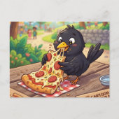 漫画の赤ちゃんクロサイチョウカラスがピザを食べている シーズンポストカード (正面)
