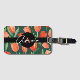 漫画の赤と緑のモノグラームのチューリップパターン ラゲッジタグ