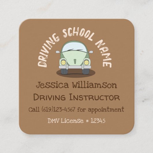 漫画の車の運転インストラクターブラウンビジネスカード スクエア名刺 (正面)
