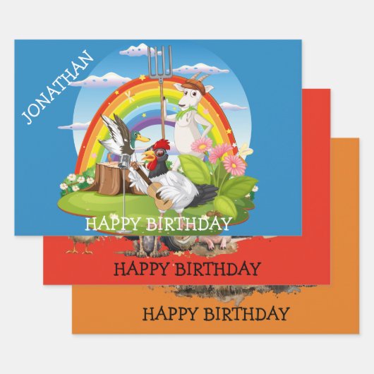 漫画の農場動物。編集可能x 3 ラッピングペーパーシート (セット)