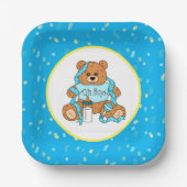 漫画の青と黄色のテディベア赤ちゃんシャワー ペーパープレート (正面)