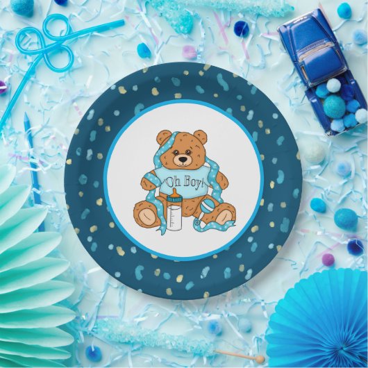 漫画の青と黄色のテディベア赤ちゃんシャワー ペーパープレート (パーティー)