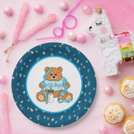 漫画の青と黄色のテディベア赤ちゃんシャワー ペーパープレート (パーティー)
