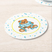 漫画の青と黄色のテディベア赤ちゃんシャワー ラウンドペーパーコースター (アングル)