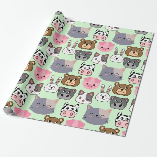 漫画の頭のパターン.w緑BG ラッピングペーパー (アンロールド)