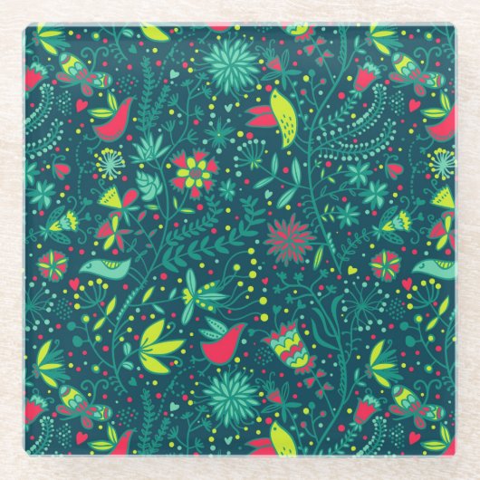 漫画の鳥が付いている花パターン ガラスコースター (正面)