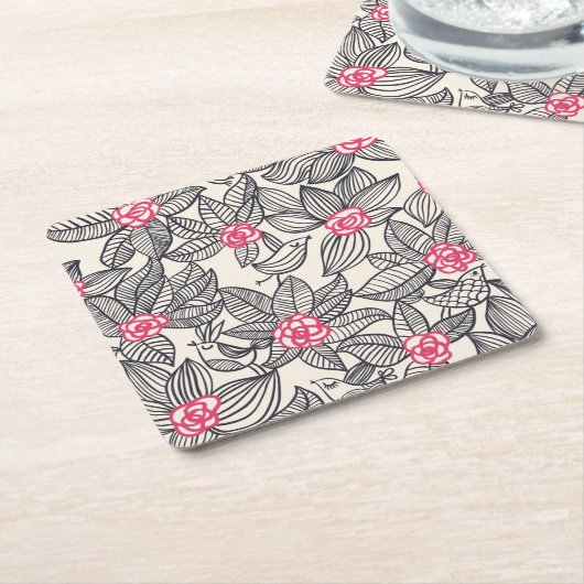 漫画の鳥が付いている花パターン スクエアペーパーコースター (アングル)