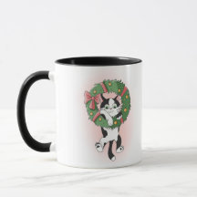 漫画の黒と白のクリスマスリースの猫