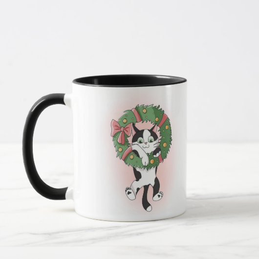 漫画の黒と白のクリスマスリースの猫 マグカップ (左)