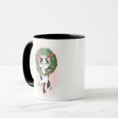 漫画の黒と白のクリスマスリースの猫 マグカップ (正面左)