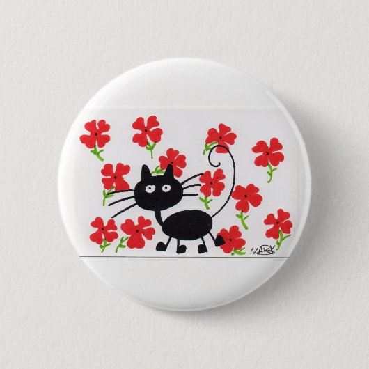 漫画の黒猫および赤い花 缶バッジ (正面)