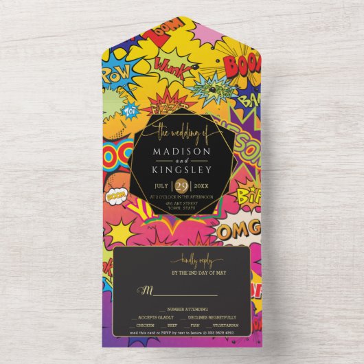 漫画アポップ・アートのート💥🎨スピーチバブルズ結婚グラフィティ オールインワン招待状 (内側)