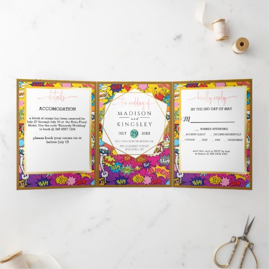 漫画アポップ・アートのート💥🎨スピーチバブルズ結婚グラフィティ 三つ折り招待状 (内部)