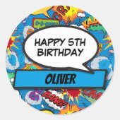 漫画カスタムブックスーパーヒーローバースデーパーティーブルー ラウンドシール (正面)