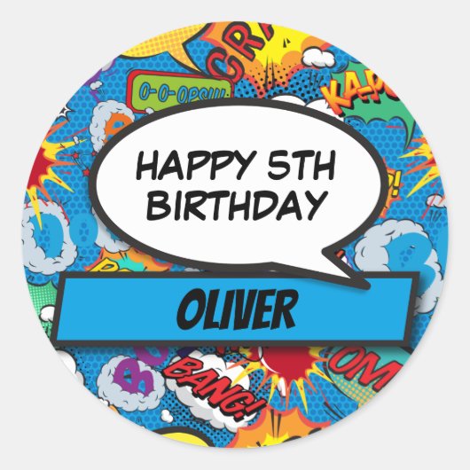 漫画カスタムブックスーパーヒーローバースデーパーティーブルー ラウンドシール (正面)
