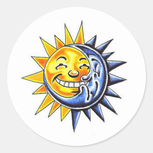 漫画カッコいいタトゥー記号happy sun moon顔 ラウンドシール