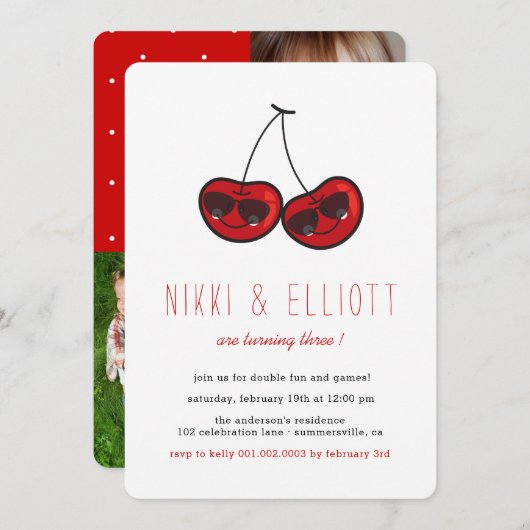 漫画カッコいいパーティーさくらんぼツインズ誕生日写真 招待状 (正面/裏面)