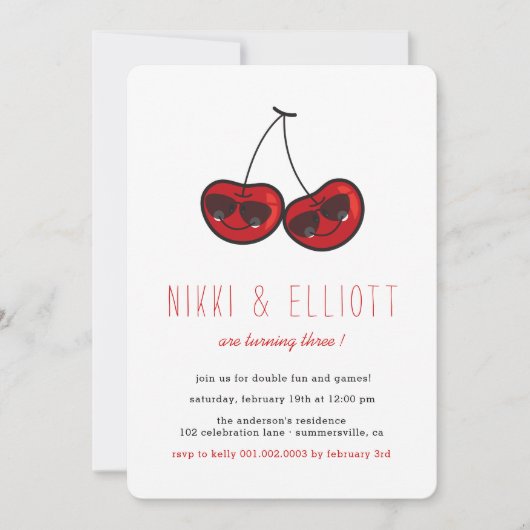 漫画カッコいいパーティーさくらんぼツインズ誕生日写真 招待状 (正面)