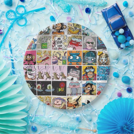 漫画カラフルおもしろいキャラクターグリッドパターン紙P ペーパープレート (パーティー)