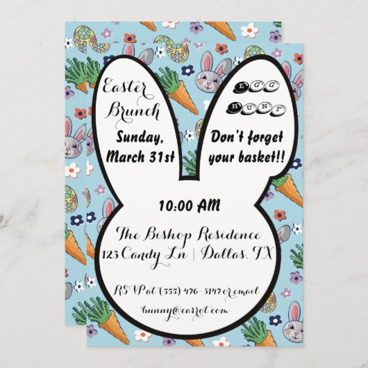 漫画カラフルのバニーのニンジンとイースターエッグフローラ 招待状 (正面/裏面)