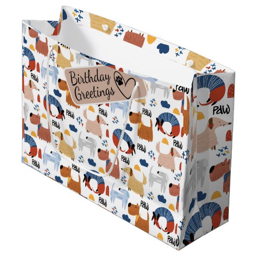 漫画カラフルの犬はシームレスなパターン ラージペーパーバッグ (正面アングル)