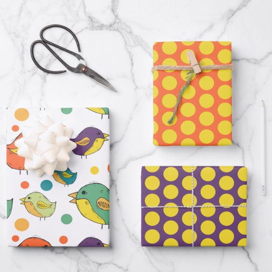漫画カラフルの鳥類包装紙シートセット ラッピングペーパーシート (正面)
