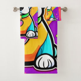 漫画カラフルパピーアートプリント バスタオルセット