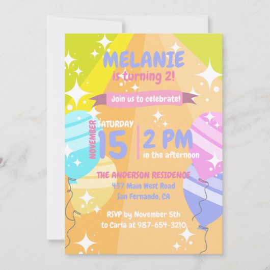 漫画カラフル風船が誕生日パーティーに輝く 招待状 (正面)