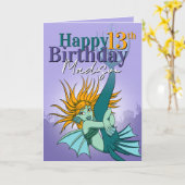 漫画ガーリーマーメイドパープルグリーン13誕生日 カード (黄色い花)