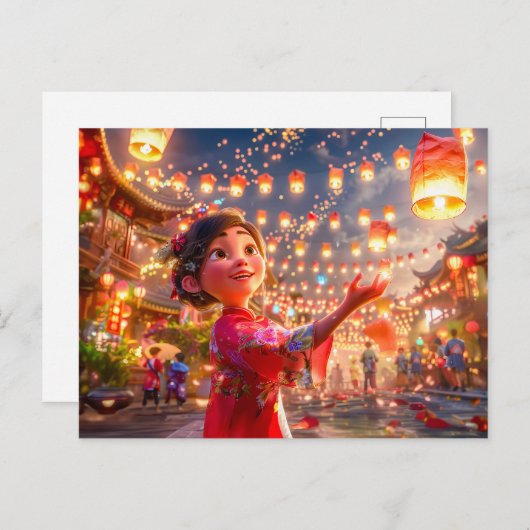 漫画ガール祝・ランタン中国のズ・ニューY シーズンポストカード (正面/裏面)