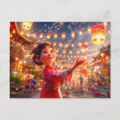 漫画ガール祝・ランタン中国のズ・ニューY シーズンポストカード (正面)