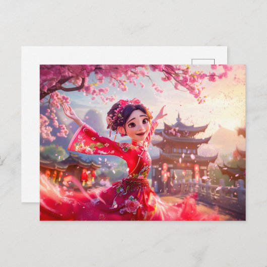 漫画ガール踊りとさくらんぼの花3月 シーズンポストカード (正面/裏面)