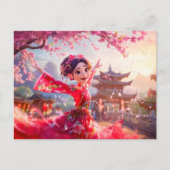 漫画ガール踊りとさくらんぼの花3月 シーズンポストカード (正面)