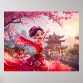 漫画ガール踊りとさくらんぼの花3月 ポスター