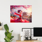 漫画ガール踊りとさくらんぼの花3月 ポスター (ホームオフィス)