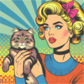 漫画コミックポップアートの女性が猫を抱える シール (正面)