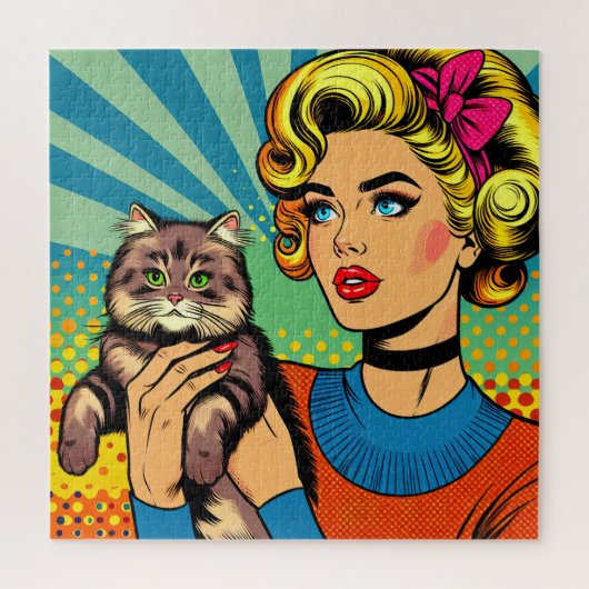 漫画コミックポップアートの女性が猫を抱える ジグソーパズル (縦)