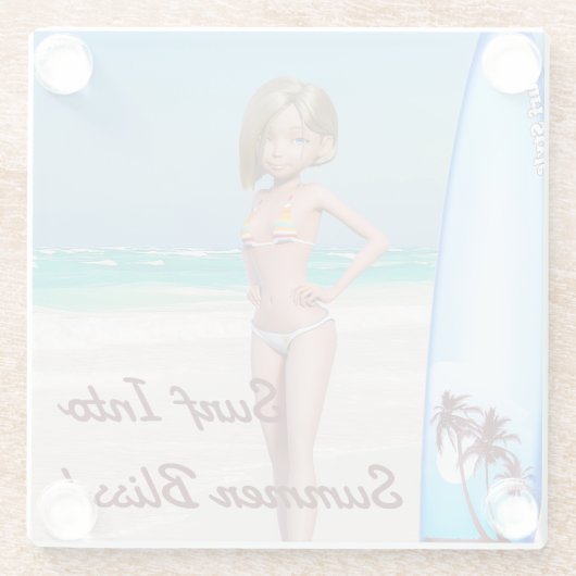 漫画サーファー・ガールが海岸でポーズをとる ガラスコースター (裏面)