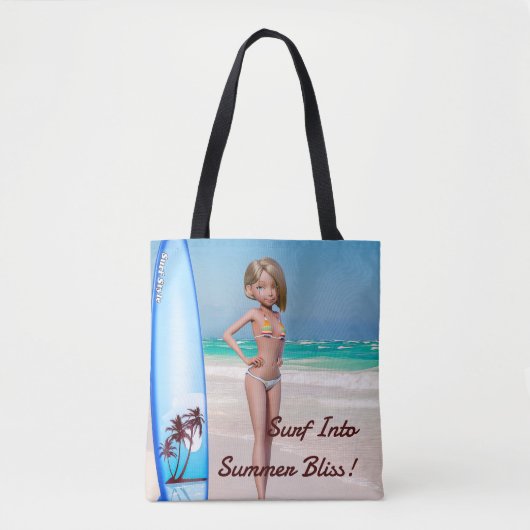 漫画サーファー・ガールが海岸でポーズをとる トートバッグ (正面)