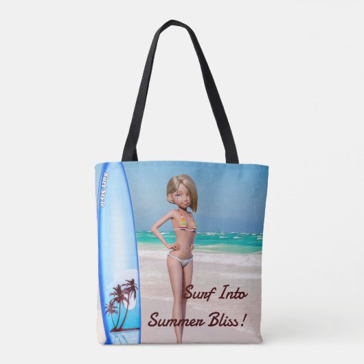 漫画サーファー・ガールが海岸でポーズをとる トートバッグ (裏面)