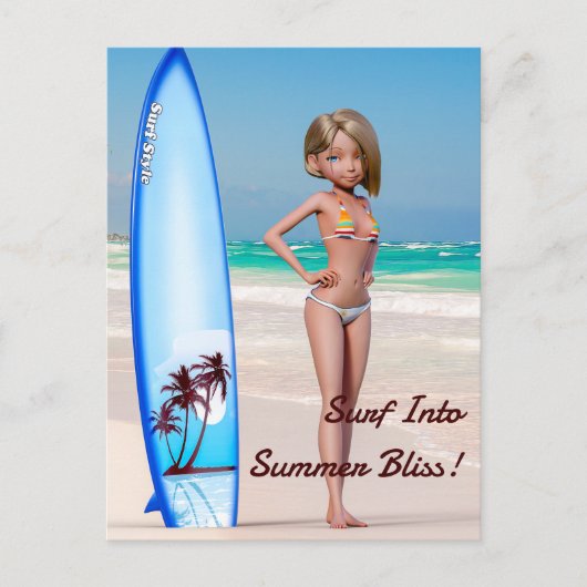 漫画サーファー・ガールが海岸でポーズをとる ポストカード (正面)