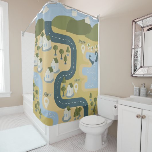 漫画スタイリッシュ風景旅行地図 シャワーカーテン (インサイチュ)