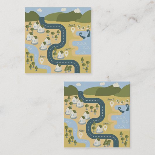 漫画スタイリッシュ風景旅行地図 スクエア名刺 (正面/裏面)