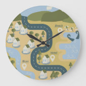 漫画スタイリッシュ風景旅行地図 ラージ壁時計 (正面)