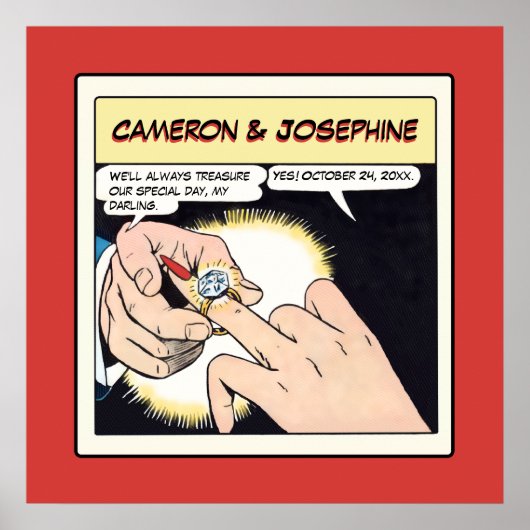 漫画スタイルきらきら光るリングや輪結婚ズレッド ポスター (正面)