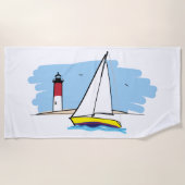 漫画スタイルのヨットおよび灯台 ビーチタオル (正面)